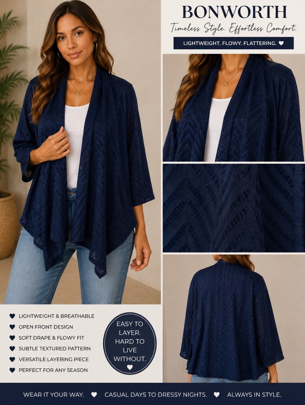 BonWorth Navy Size L Open-Front Lightweight Draped Kimono Cardigan